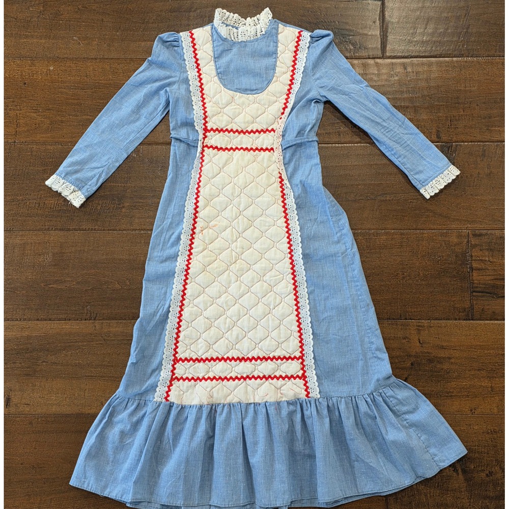 VTG RARE Sears Roebuck Prairie Dress Girls Quilted Bib Ric Rac Lace Trim USA 70s
